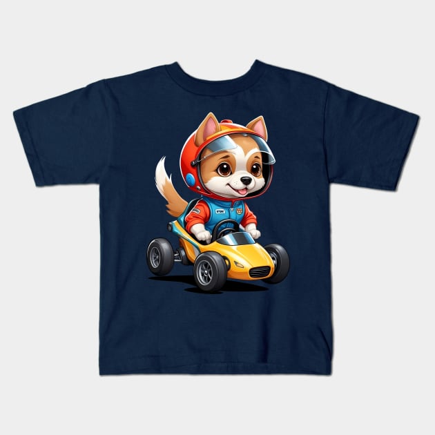 Cartoon Dog Driving a Race Car Kids T-Shirt by Leon Star Shop